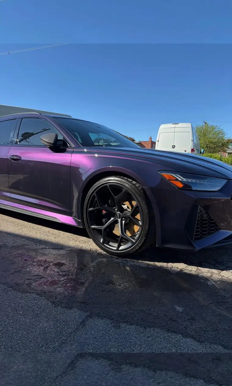 Purple Audi RS6 Avant side profile with deep gloss after paint-safe wash