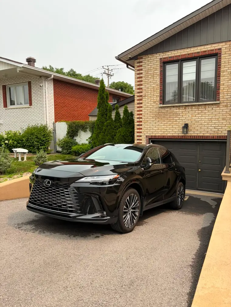 Black Lexus RX freshly detailed in a residential driveway
