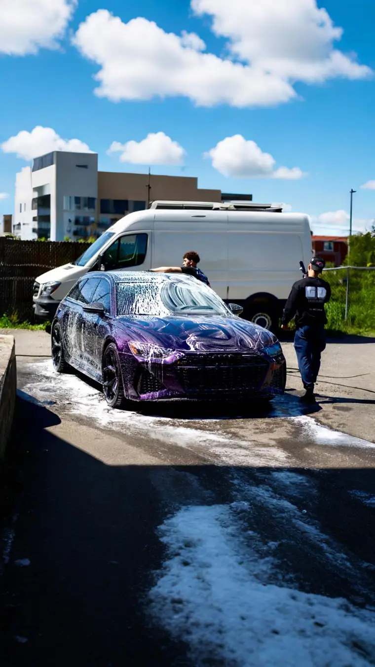 The L.A. Auto Detailing team working around a foamed Audi RS6