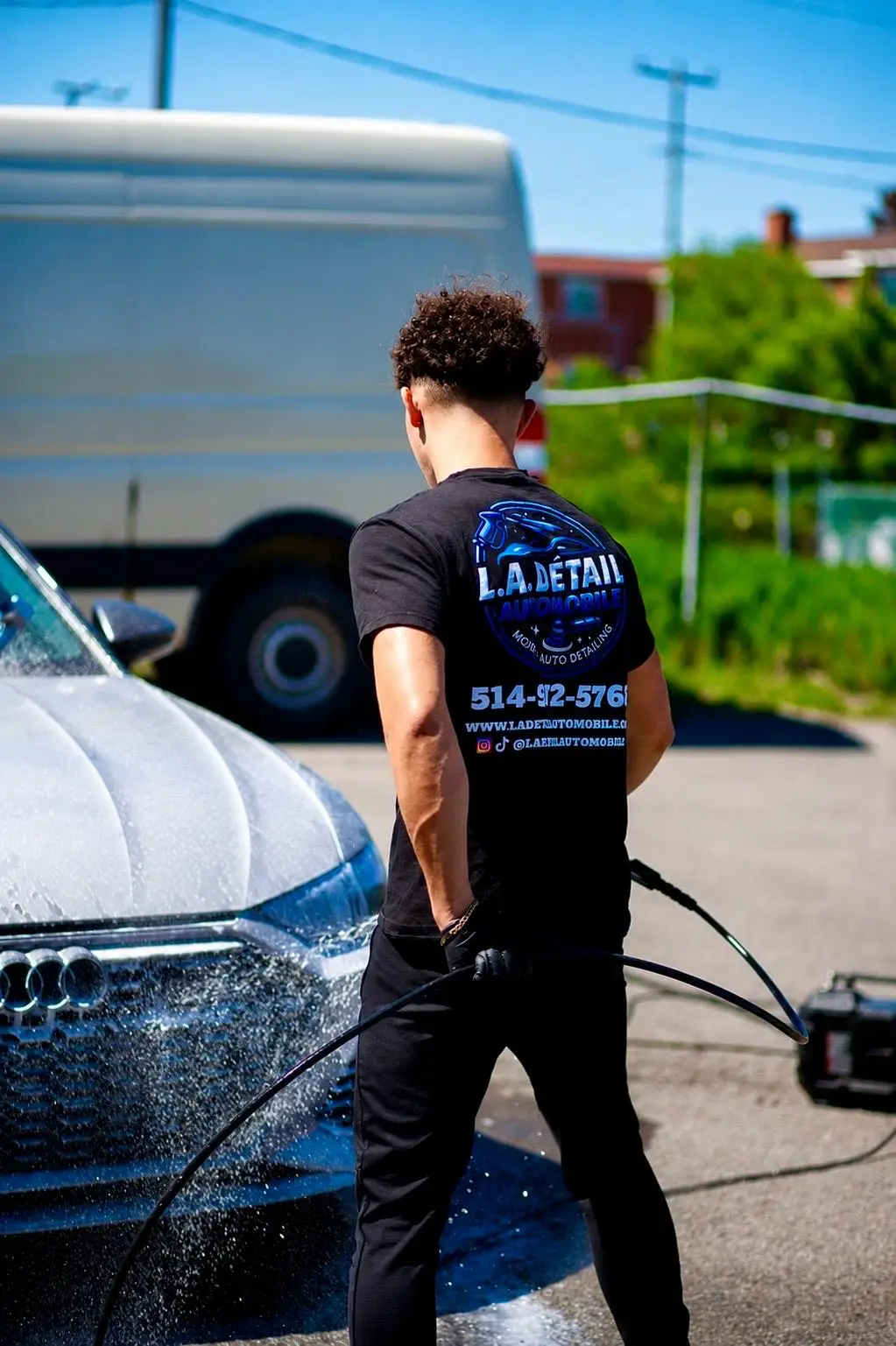 L.A. Auto Detailing branded shirt during a wash